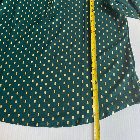 Sz XL Green Gold Glitter Dots Open Split Buttoned V Neck Pullover Blouse - Picture 6 of 8